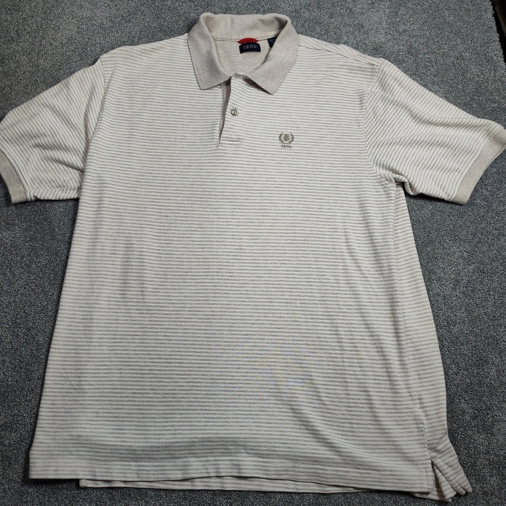 IZOD Mens Striped Polo Shirt Size XL Beige Short Sleeve Casual Classic